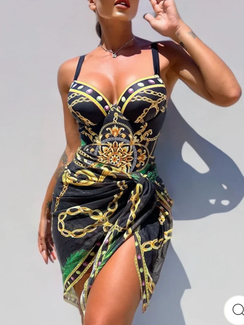Women’s Black & Gold Chain Print One-Piece Swimsuit with Matching Coverup